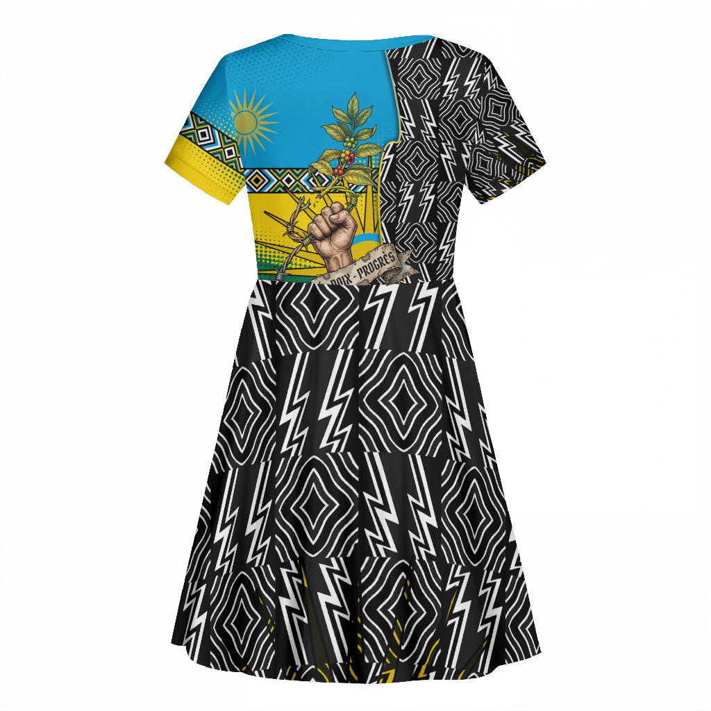Rwanda Independence Day Unite Paix Progres Kid Short Sleeve Dress African Geometric Pattern - Power Fist And Coffee Branch Art