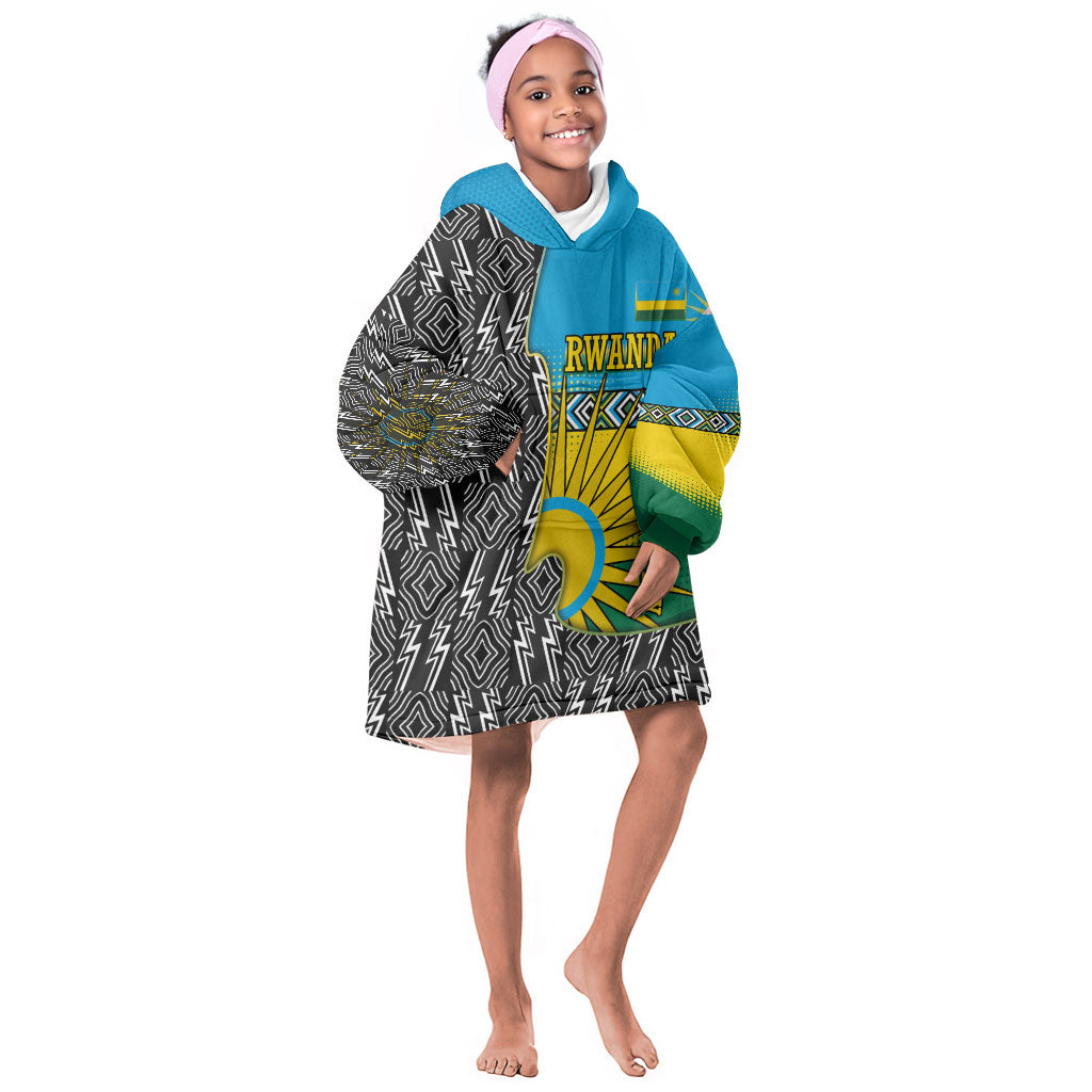 Rwanda Independence Day Unite Paix Progres Kid Wearable Blanket Hoodie African Geometric Pattern - Power Fist And Coffee Branch Art