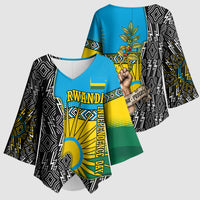 Rwanda Independence Day Unite Paix Progres Kimono Sleeve Blouse African Geometric Pattern - Power Fist And Coffee Branch Art