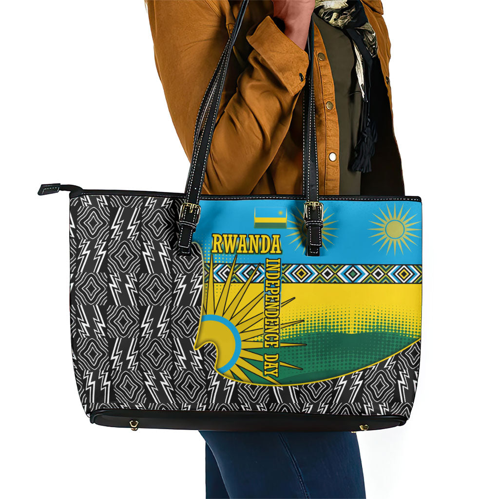 Rwanda Independence Day Unite Paix Progres Leather Tote Bag African Geometric Pattern - Power Fist And Coffee Branch Art