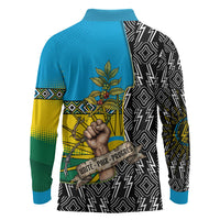 Rwanda Independence Day Unite Paix Progres Long Sleeve Polo Shirt African Geometric Pattern - Power Fist And Coffee Branch Art