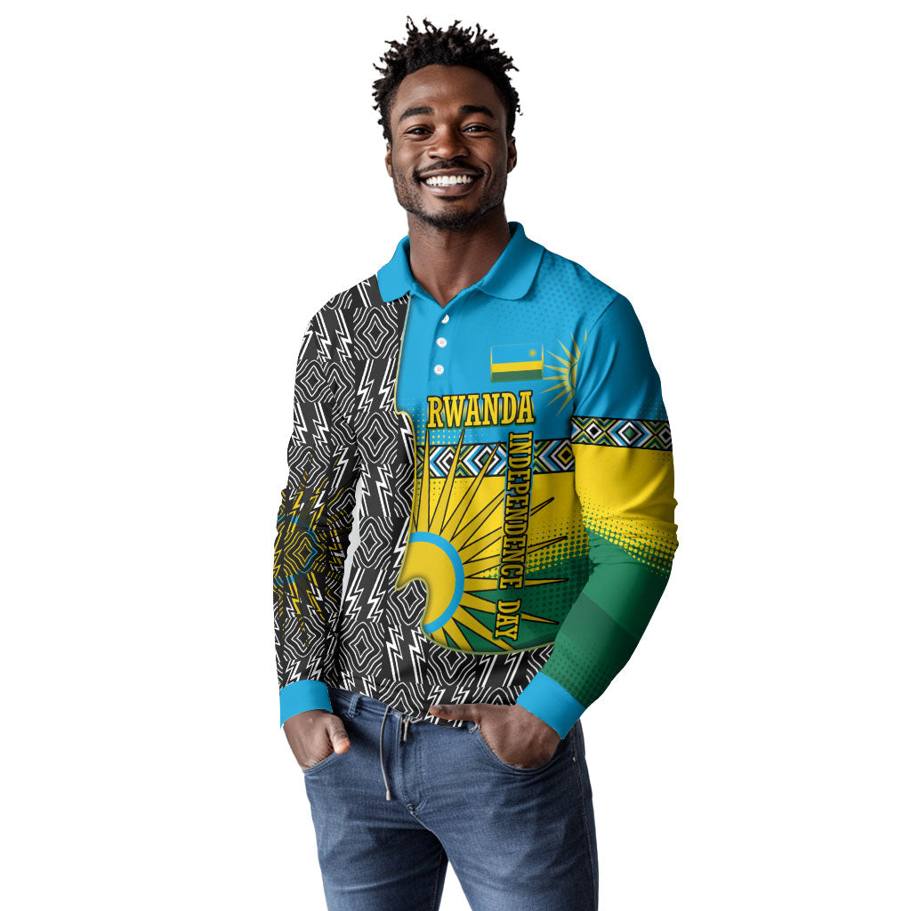 Rwanda Independence Day Unite Paix Progres Long Sleeve Polo Shirt African Geometric Pattern - Power Fist And Coffee Branch Art
