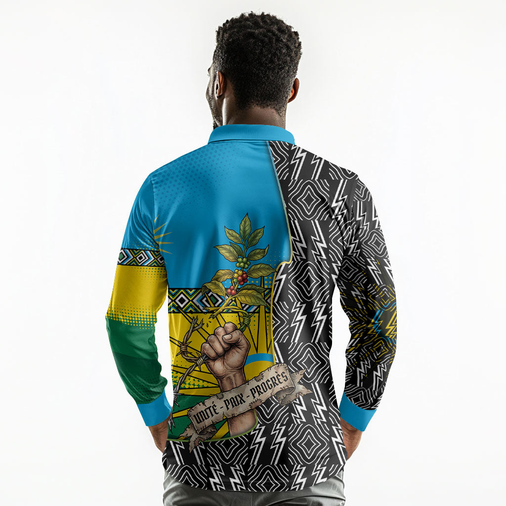 Rwanda Independence Day Unite Paix Progres Long Sleeve Polo Shirt African Geometric Pattern - Power Fist And Coffee Branch Art