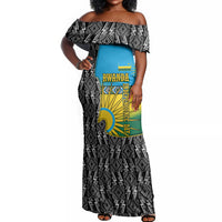 Rwanda Independence Day Unite Paix Progres Off Shoulder Maxi Dress African Geometric Pattern - Power Fist And Coffee Branch Art