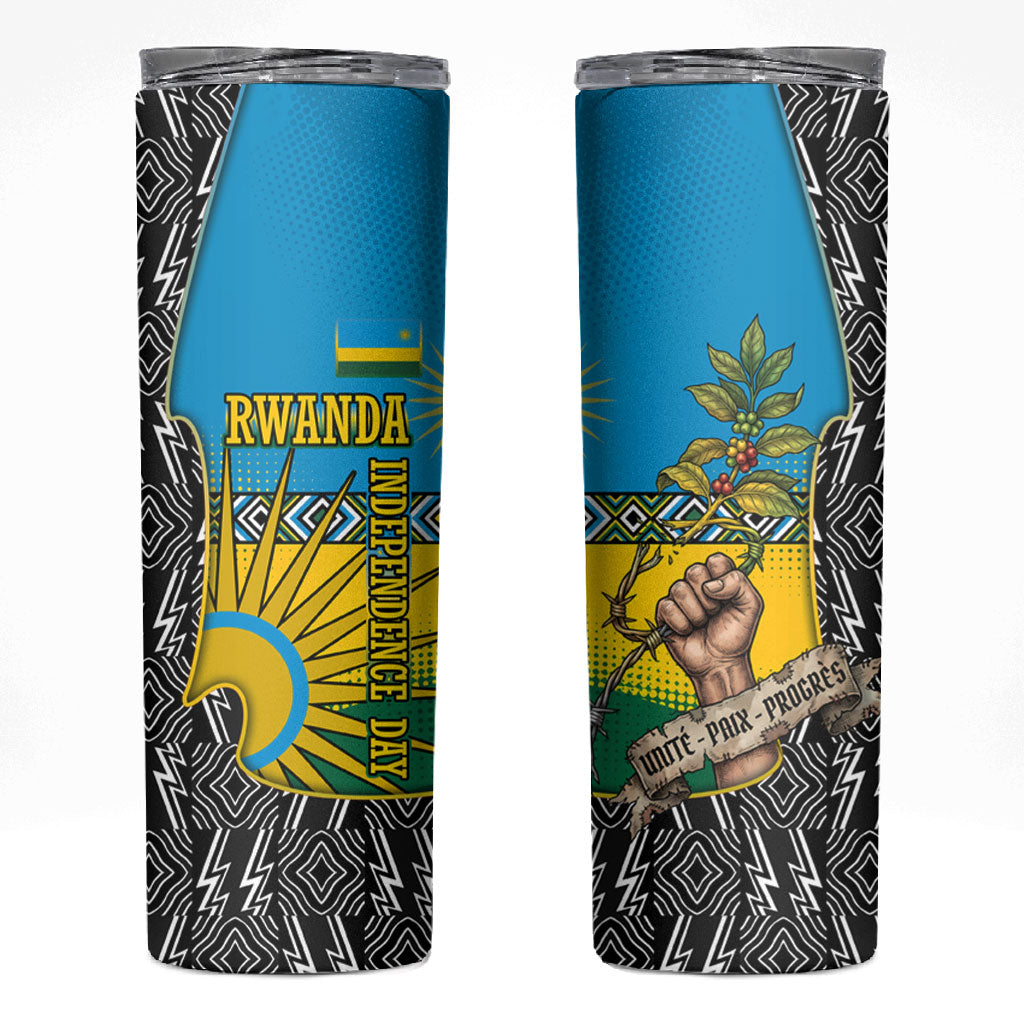 Rwanda Independence Day Unite Paix Progres Skinny Tumbler African Geometric Pattern - Power Fist And Coffee Branch Art