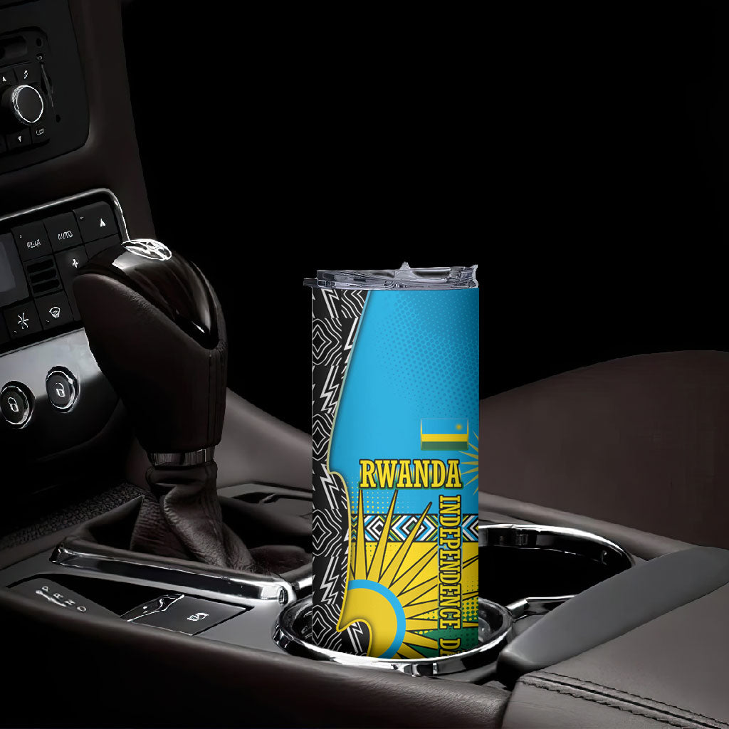 Rwanda Independence Day Unite Paix Progres Skinny Tumbler African Geometric Pattern - Power Fist And Coffee Branch Art