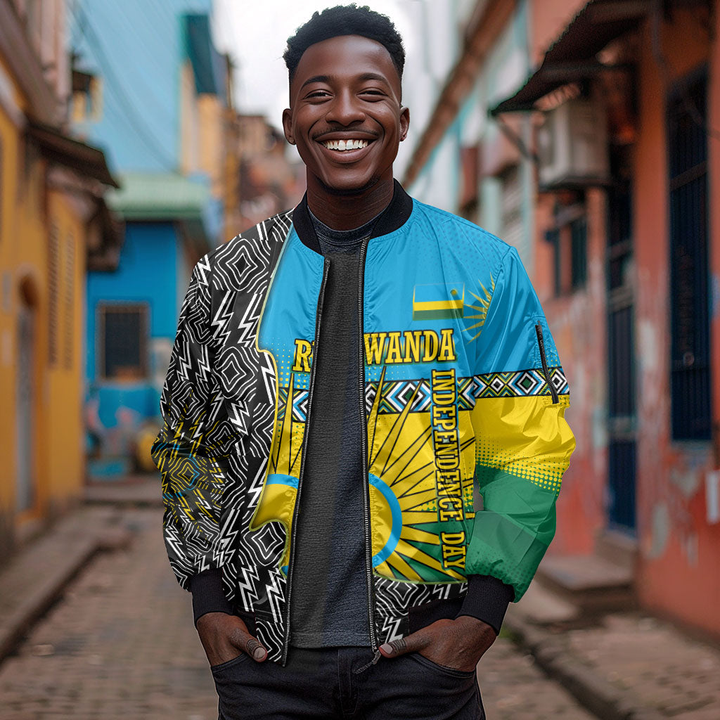 Rwanda Independence Day Unite Paix Progres Sleeve Zip Bomber Jacket African Geometric Pattern - Power Fist And Coffee Branch Art