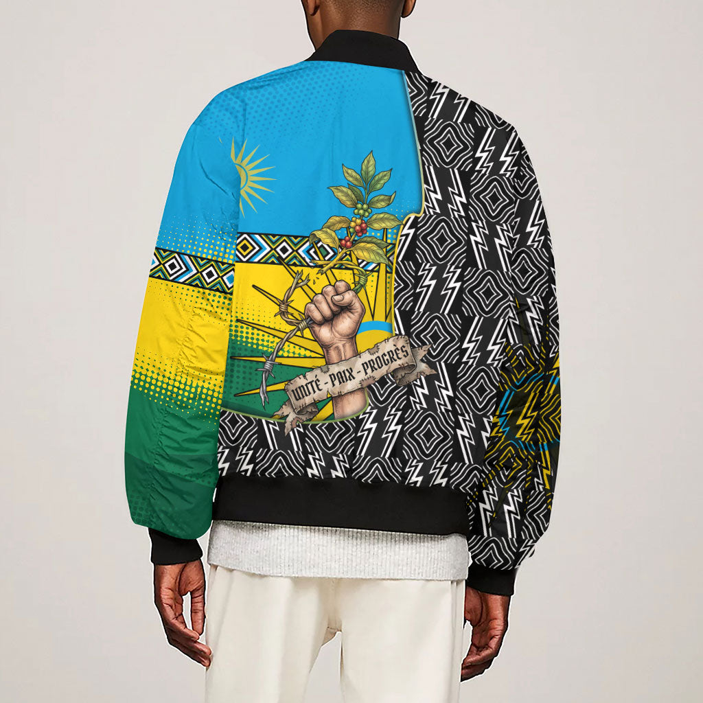 Rwanda Independence Day Unite Paix Progres Sleeve Zip Bomber Jacket African Geometric Pattern - Power Fist And Coffee Branch Art