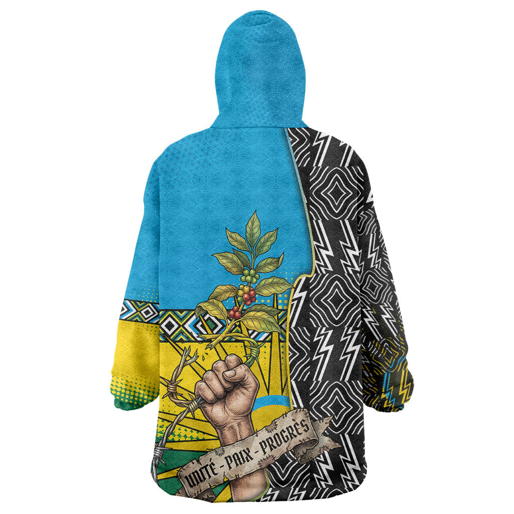 Rwanda Independence Day Unite Paix Progres Wearable Blanket Hoodie African Geometric Pattern - Power Fist And Coffee Branch Art