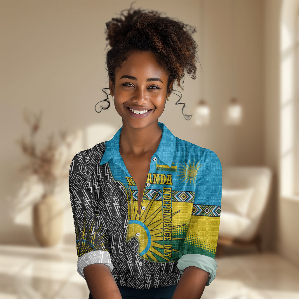 Rwanda Independence Day Unite Paix Progres Women Casual Shirt African Geometric Pattern - Power Fist And Coffee Branch Art