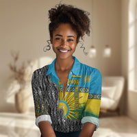Rwanda Independence Day Unite Paix Progres Women Casual Shirt African Geometric Pattern - Power Fist And Coffee Branch Art