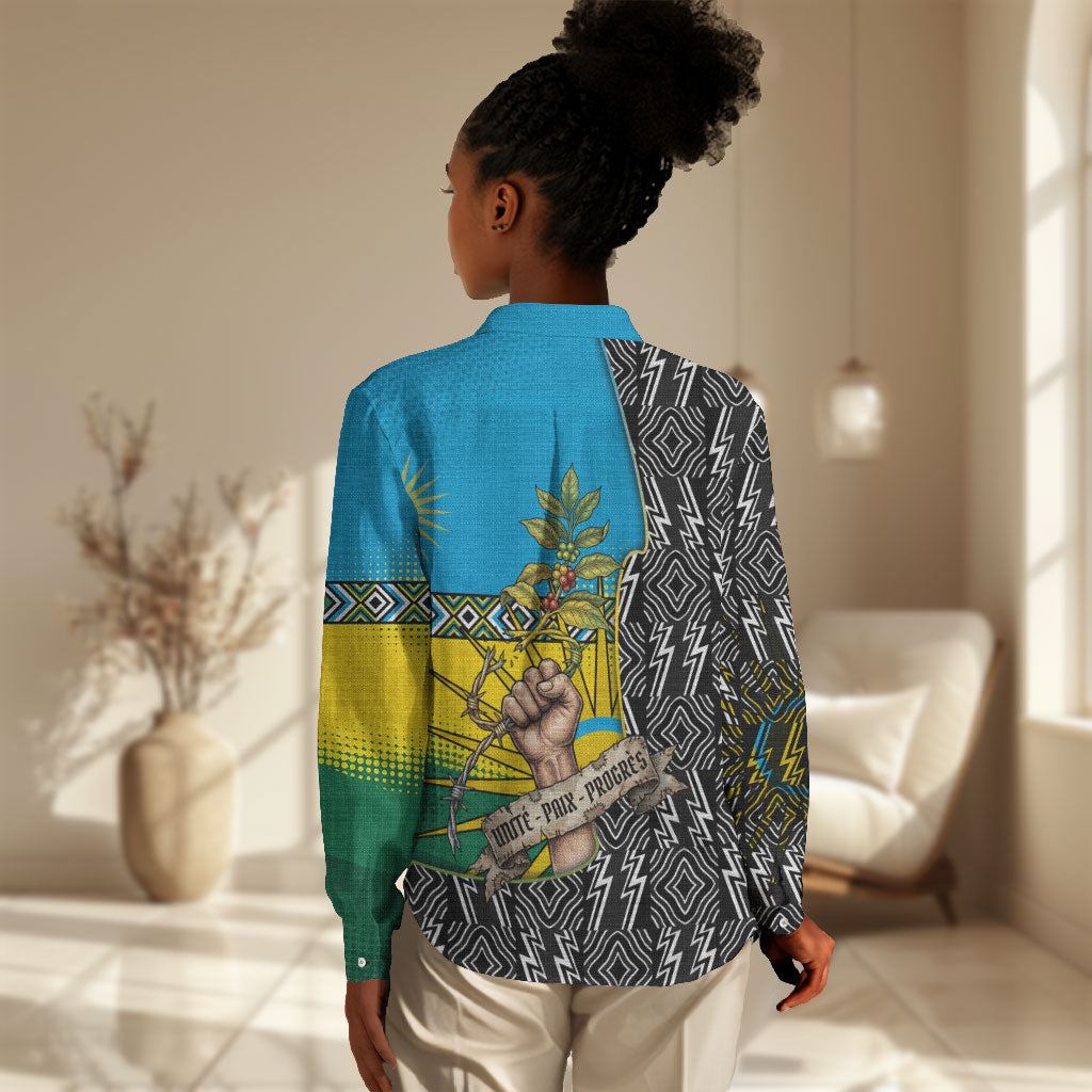 Rwanda Independence Day Unite Paix Progres Women Casual Shirt African Geometric Pattern - Power Fist And Coffee Branch Art