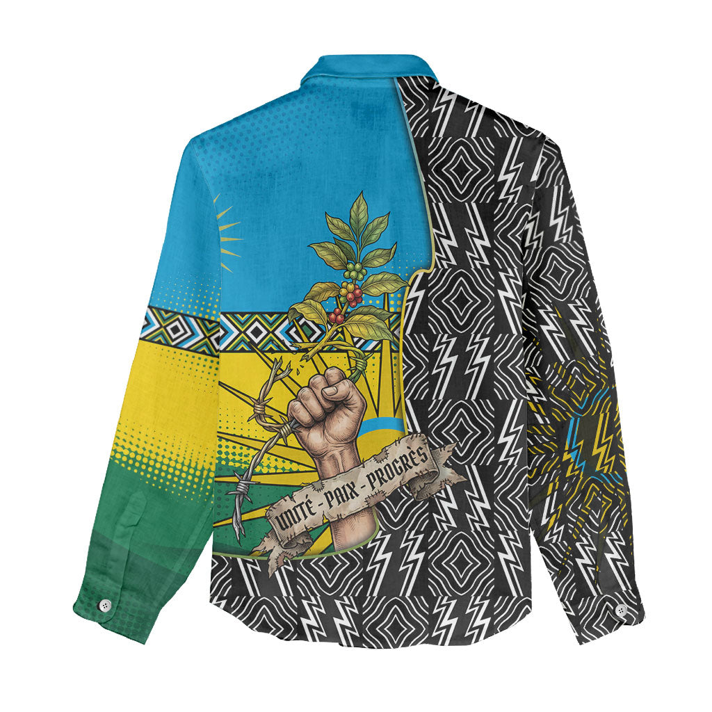 Rwanda Independence Day Unite Paix Progres Women Casual Shirt African Geometric Pattern - Power Fist And Coffee Branch Art