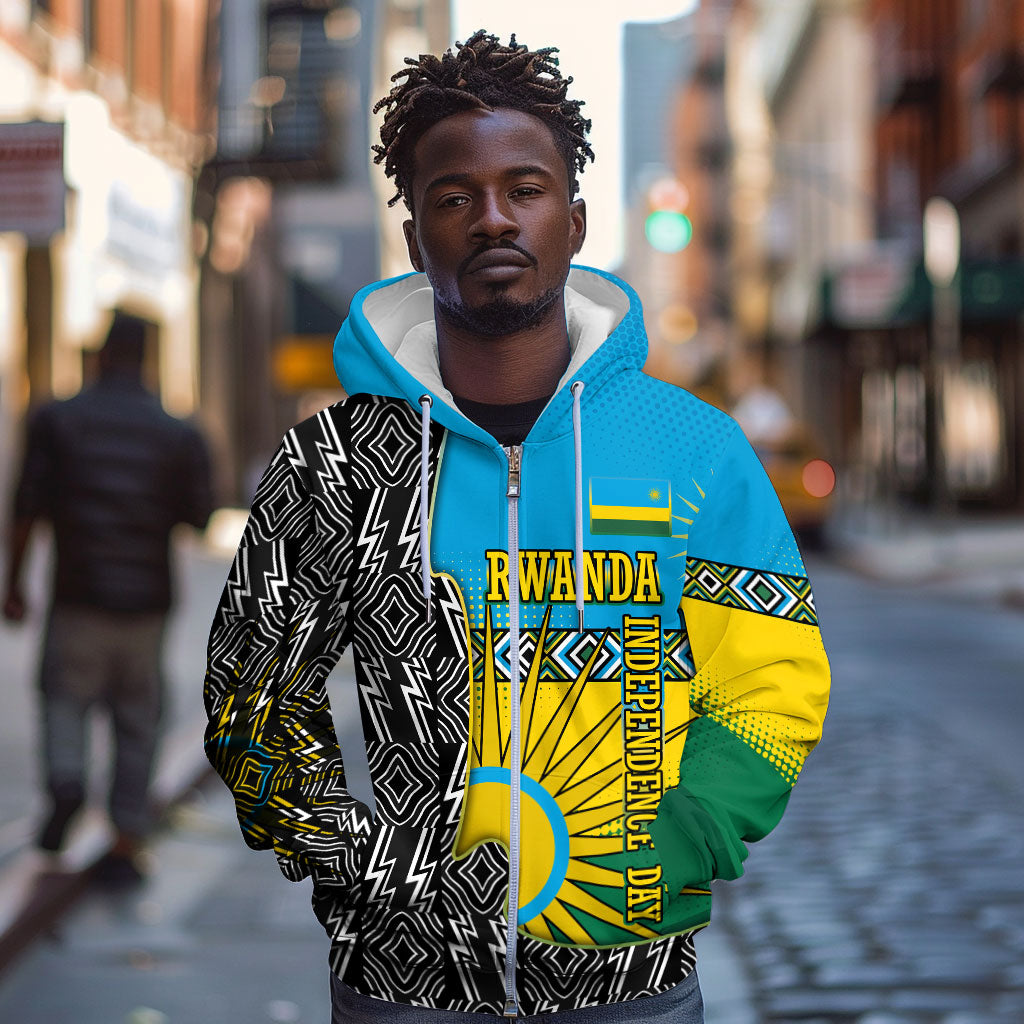 Rwanda Independence Day Unite Paix Progres Zip Hoodie African Geometric Pattern - Power Fist And Coffee Branch Art