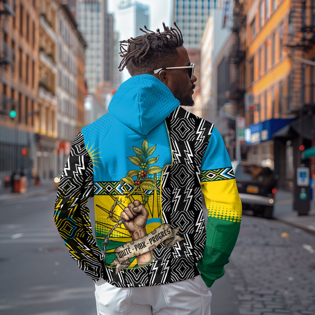 Rwanda Independence Day Unite Paix Progres Zip Hoodie African Geometric Pattern - Power Fist And Coffee Branch Art