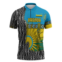Rwanda Independence Day Unite Paix Progres Zipper Polo Shirt African Geometric Pattern - Power Fist And Coffee Branch Art