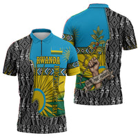Rwanda Independence Day Unite Paix Progres Zipper Polo Shirt African Geometric Pattern - Power Fist And Coffee Branch Art