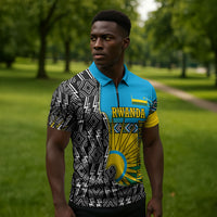 Rwanda Independence Day Unite Paix Progres Zipper Polo Shirt African Geometric Pattern - Power Fist And Coffee Branch Art