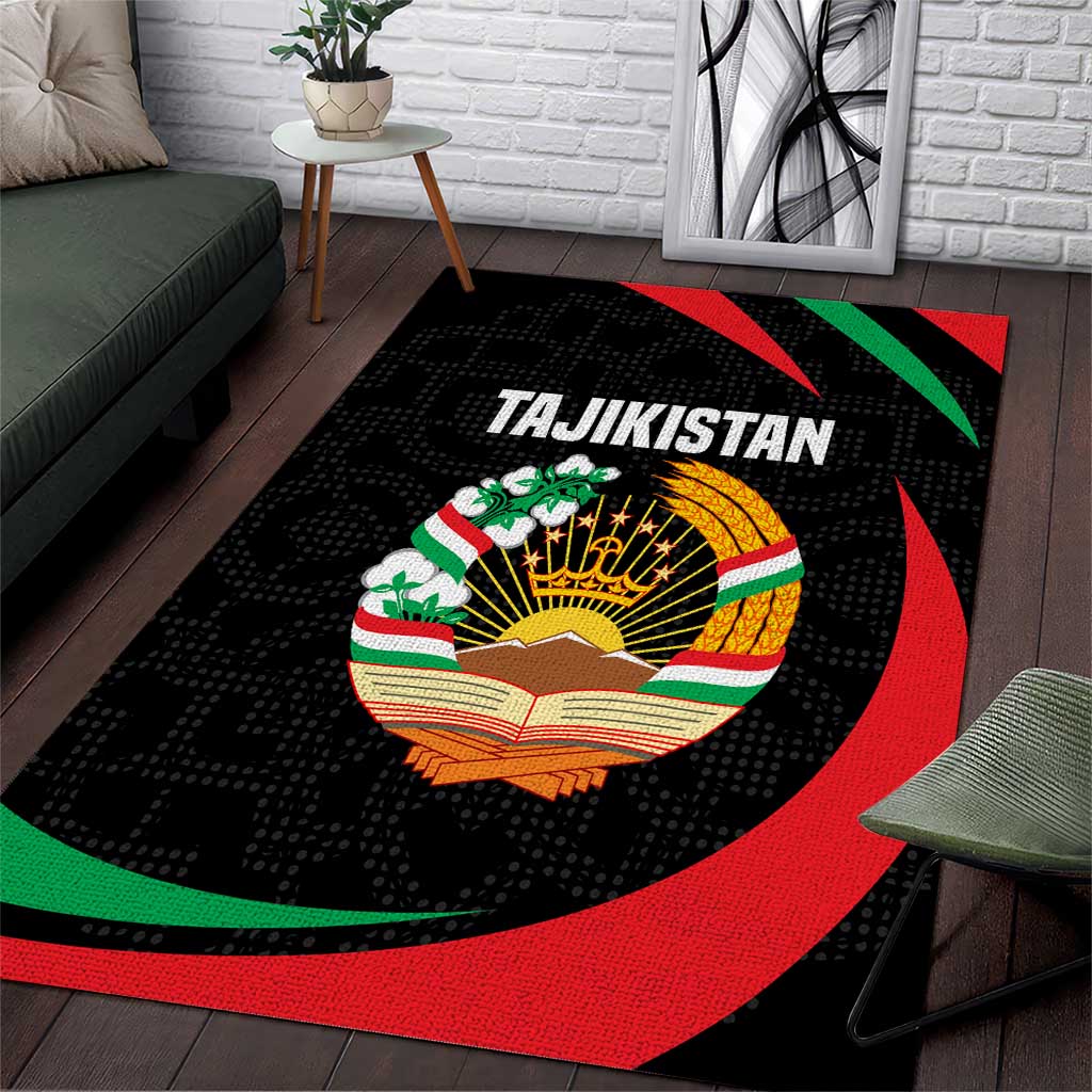 Tajikistan National Emblem Area Rug with Black Red Green Tribal Pattern
