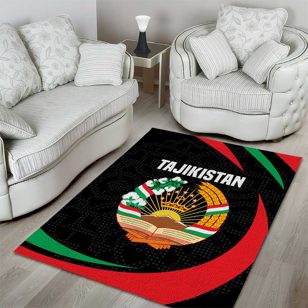 Tajikistan National Emblem Area Rug with Black Red Green Tribal Pattern