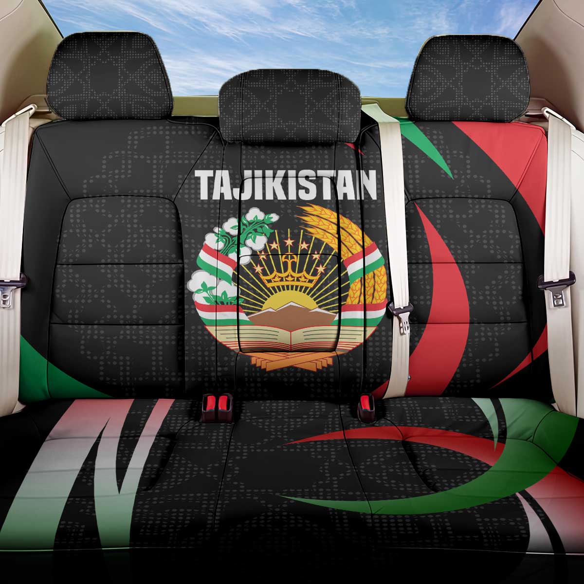 Tajikistan National Emblem Back Car Seat Cover with Black Red Green Tribal Pattern