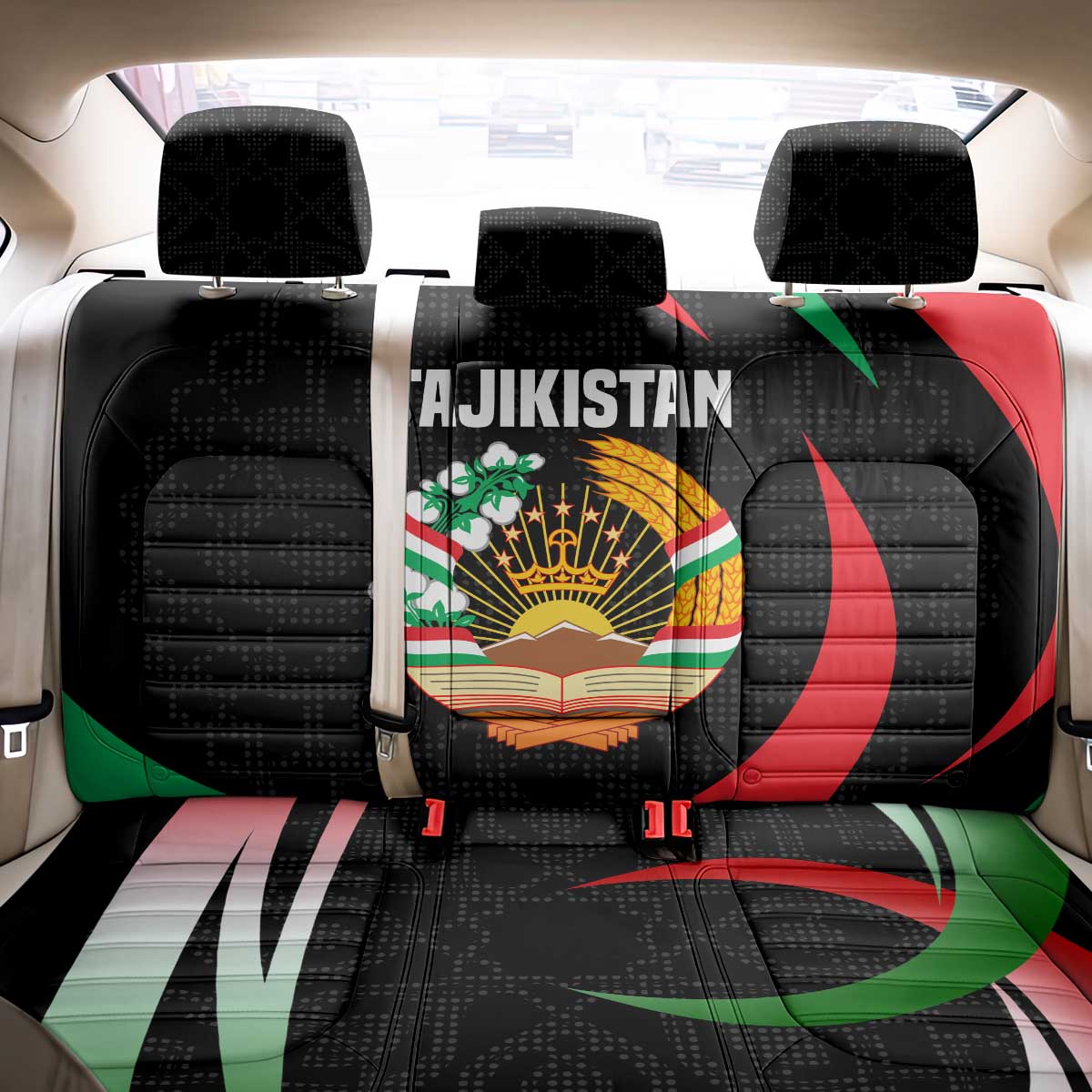 Tajikistan National Emblem Back Car Seat Cover with Black Red Green Tribal Pattern