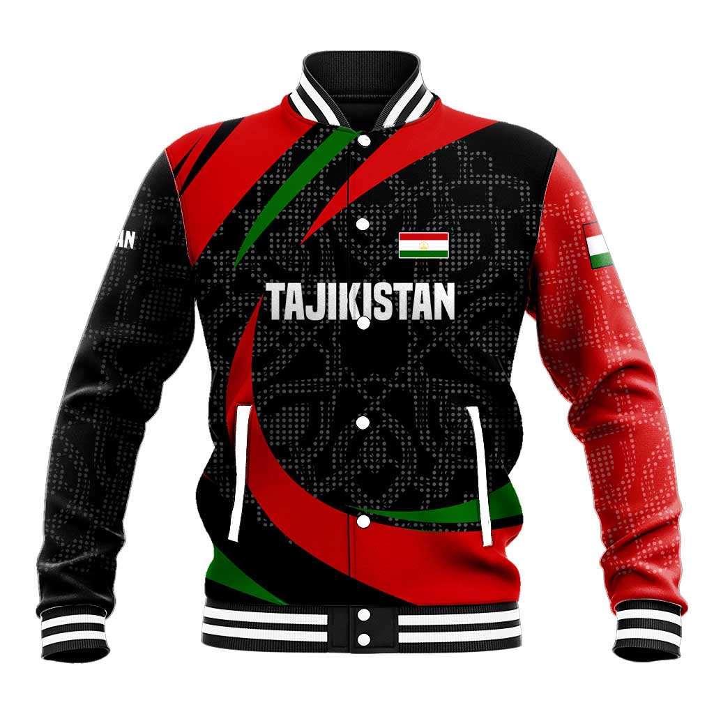 Tajikistan National Emblem Baseball Jacket with Black Red Green Tribal Pattern