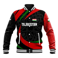 Tajikistan National Emblem Baseball Jacket with Black Red Green Tribal Pattern