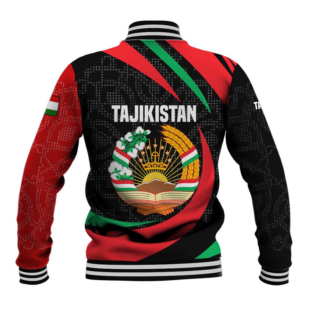 Tajikistan National Emblem Baseball Jacket with Black Red Green Tribal Pattern