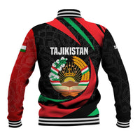 Tajikistan National Emblem Baseball Jacket with Black Red Green Tribal Pattern