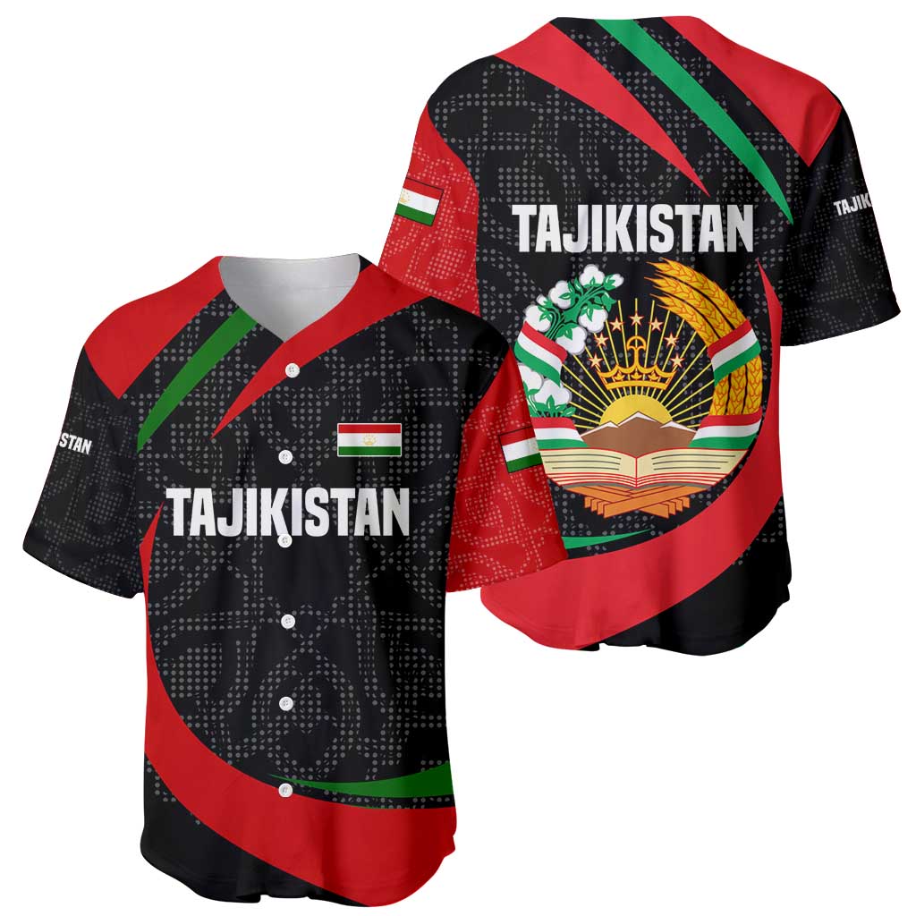 Tajikistan National Emblem Baseball Jersey with Black Red Green Tribal Pattern