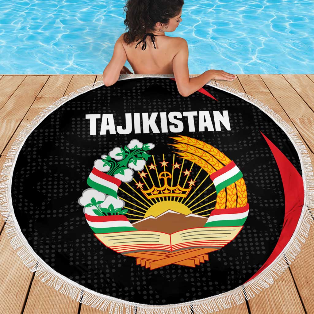 Tajikistan National Emblem Beach Blanket with Black Red Green Tribal Pattern