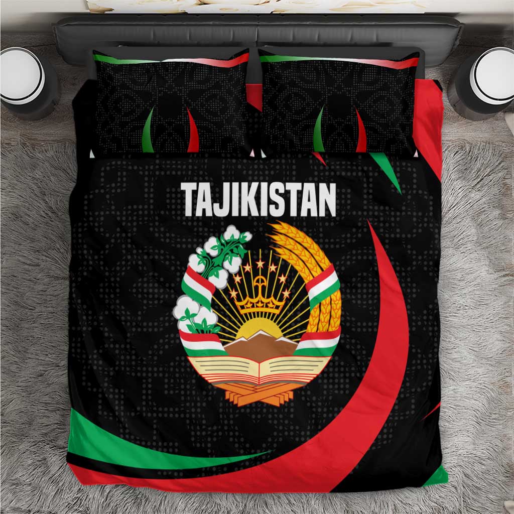 Tajikistan National Emblem Bedding Set with Black Red Green Tribal Pattern