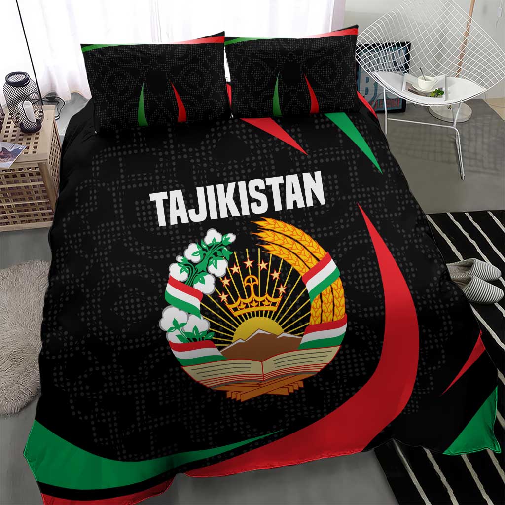Tajikistan National Emblem Bedding Set with Black Red Green Tribal Pattern