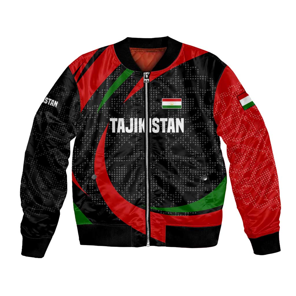 Tajikistan National Emblem Bomber Jacket with Black Red Green Tribal Pattern