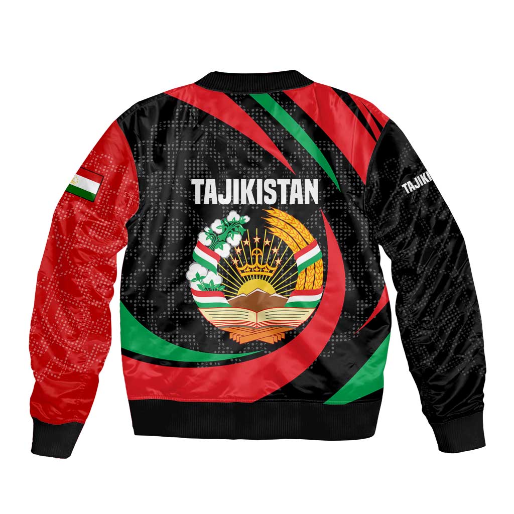 Tajikistan National Emblem Bomber Jacket with Black Red Green Tribal Pattern