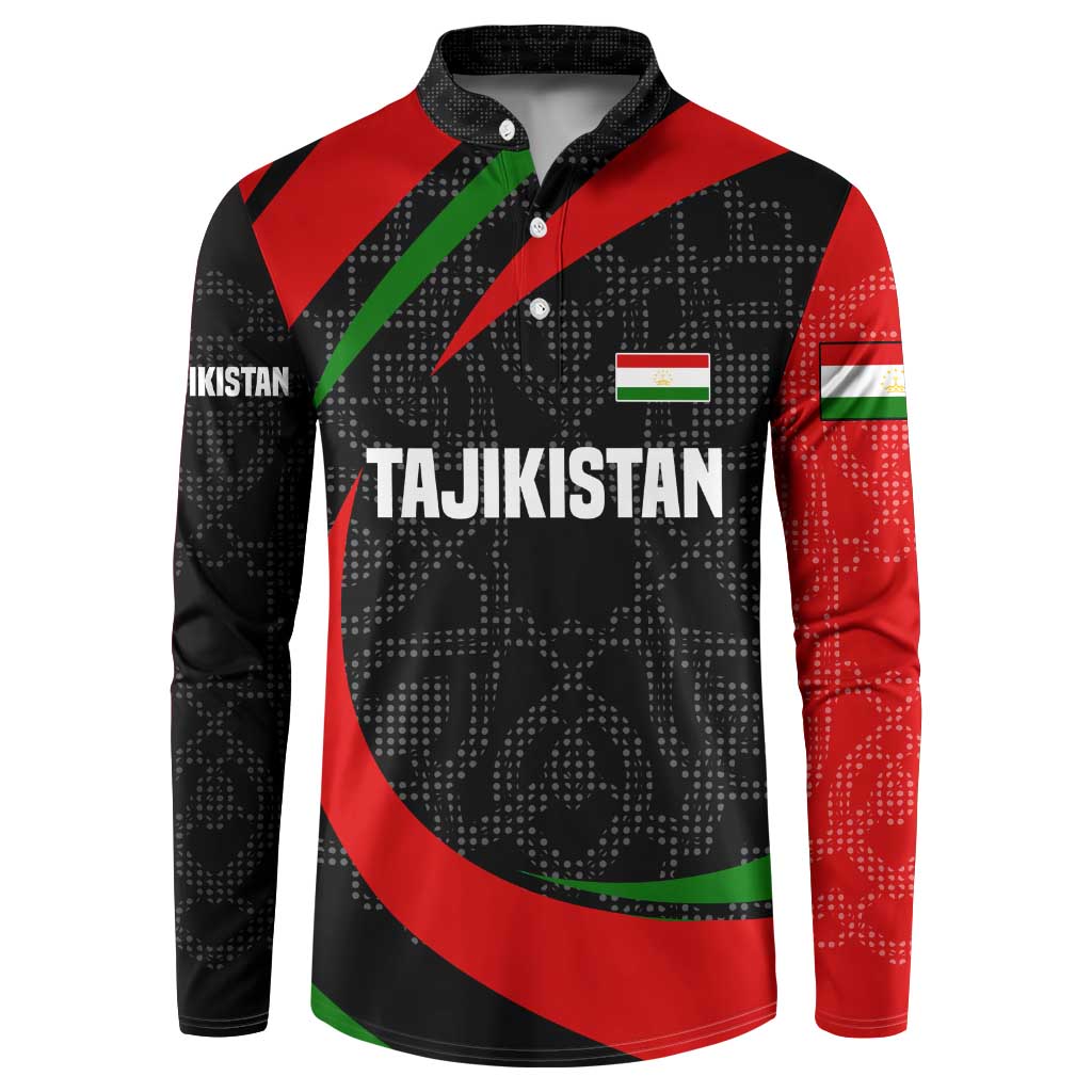 Tajikistan National Emblem Button Sweatshirt with Black Red Green Tribal Pattern