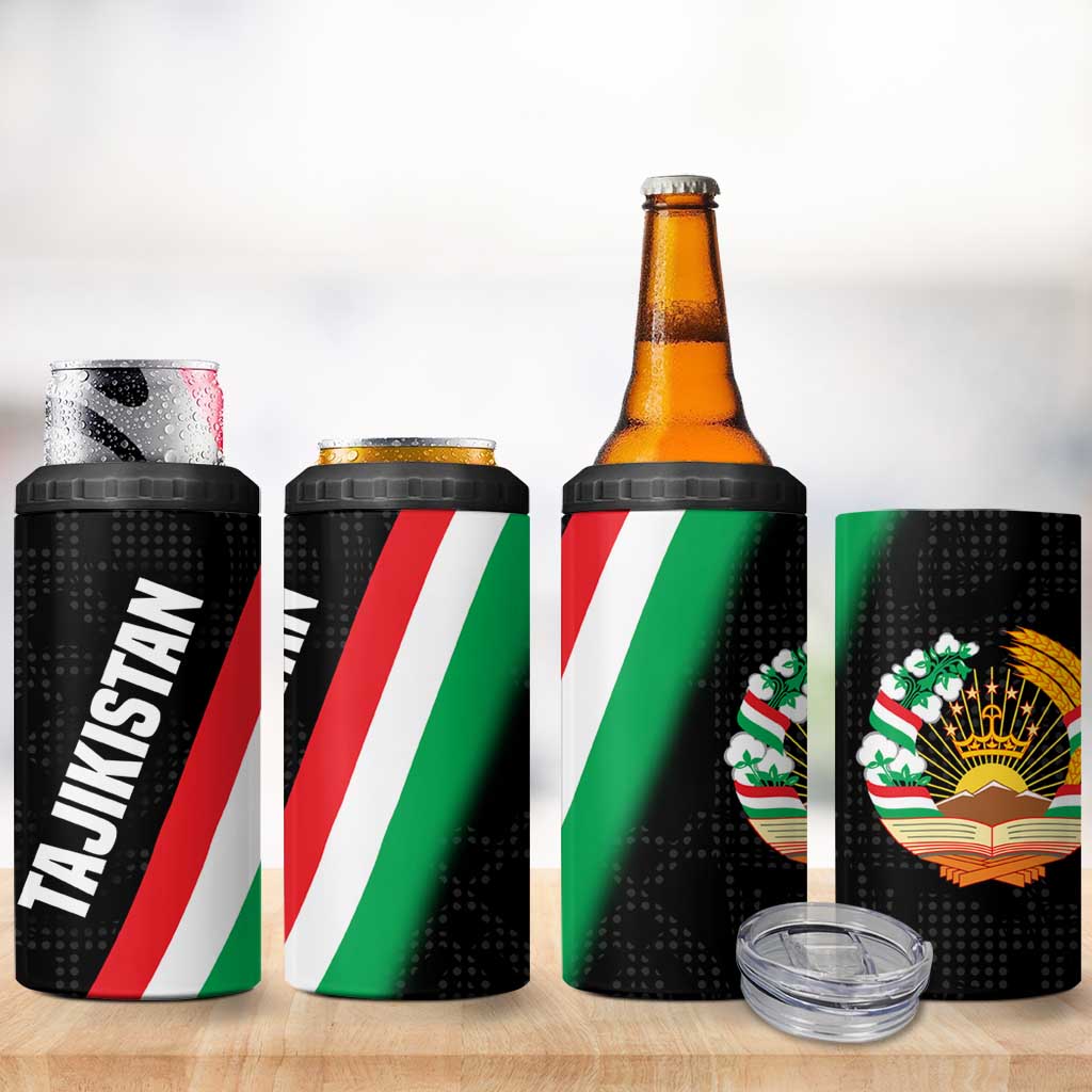 Tajikistan National Emblem 4 in 1 Can Cooler Tumbler with Black Red Green Tribal Pattern