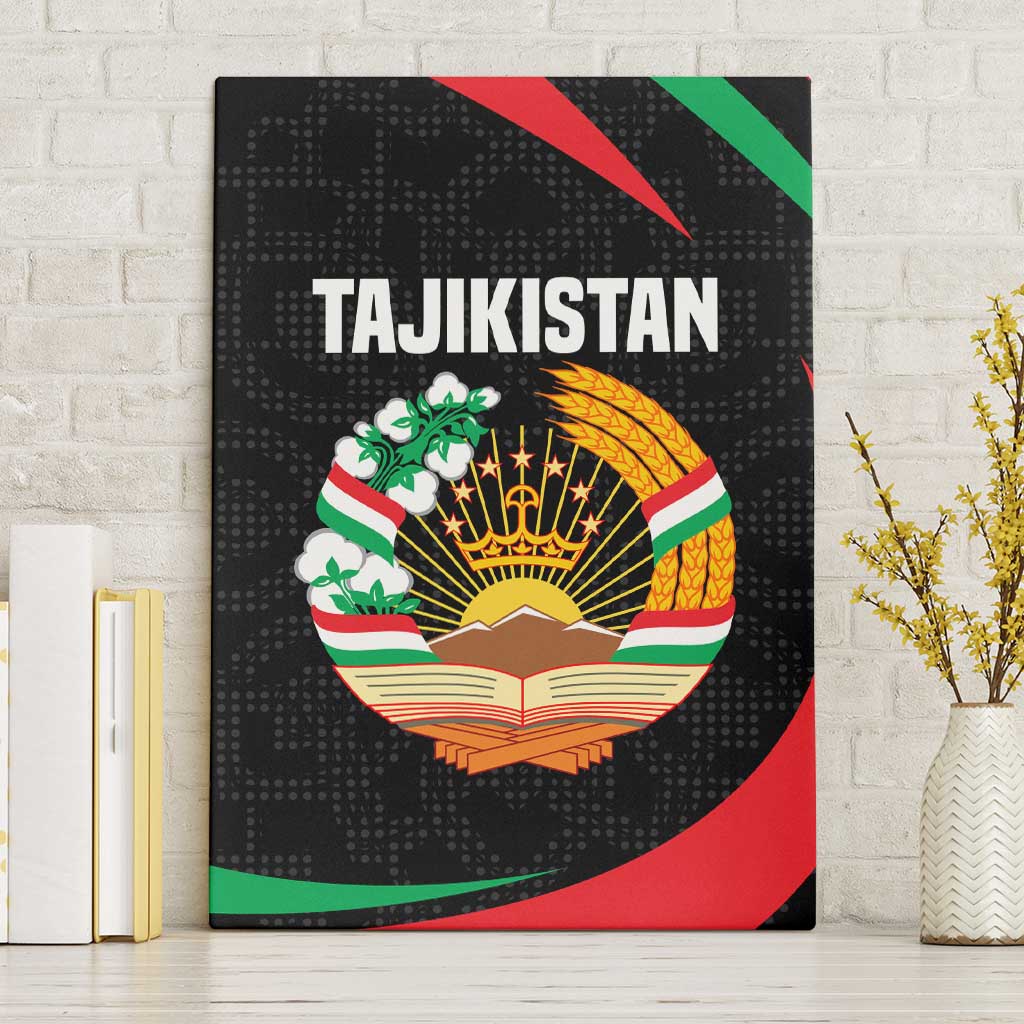 Tajikistan National Emblem Canvas Wall Art with Black Red Green Tribal Pattern