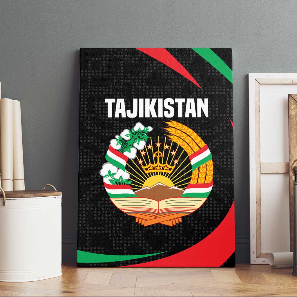Tajikistan National Emblem Canvas Wall Art with Black Red Green Tribal Pattern