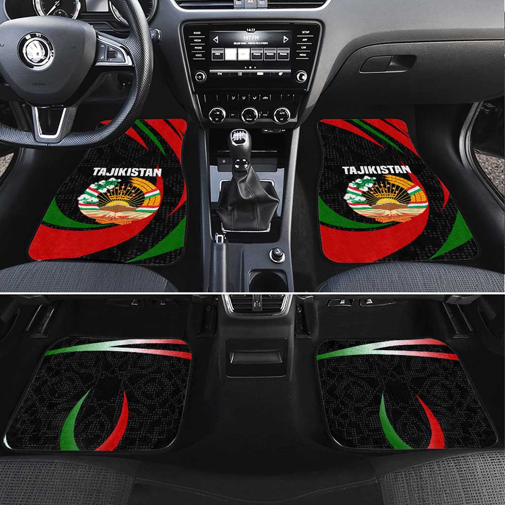 Tajikistan National Emblem Car Mats with Black Red Green Tribal Pattern