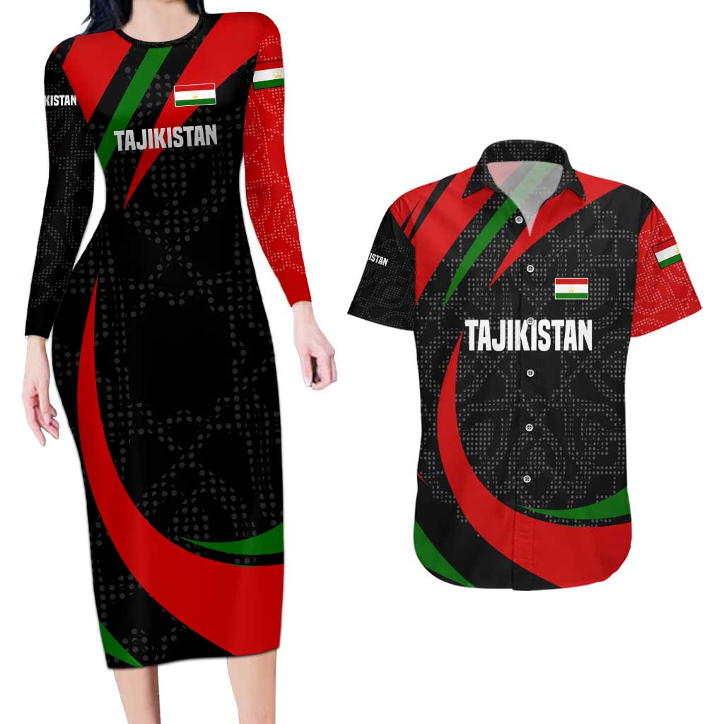 Tajikistan National Emblem Couples Matching Long Sleeve Bodycon Dress and Hawaiian Shirt with Black Red Green Tribal Pattern