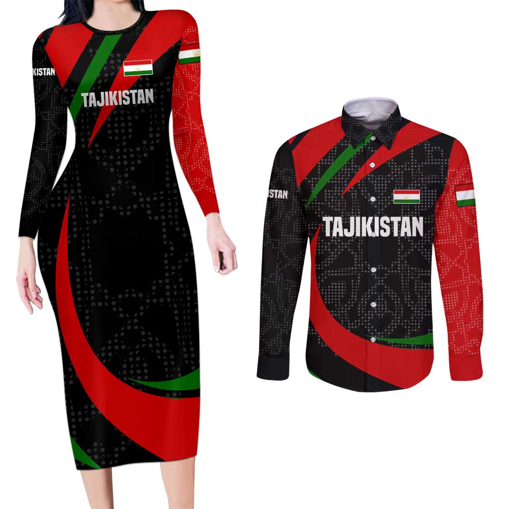 Tajikistan National Emblem Couples Matching Long Sleeve Bodycon Dress and Long Sleeve Button Shirt with Black Red Green Tribal Pattern