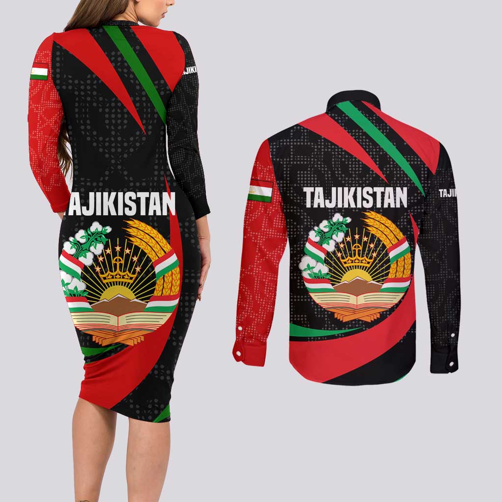 Tajikistan National Emblem Couples Matching Long Sleeve Bodycon Dress and Long Sleeve Button Shirt with Black Red Green Tribal Pattern