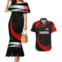 Tajikistan National Emblem Couples Matching Mermaid Dress and Hawaiian Shirt with Black Red Green Tribal Pattern