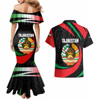 Tajikistan National Emblem Couples Matching Mermaid Dress and Hawaiian Shirt with Black Red Green Tribal Pattern
