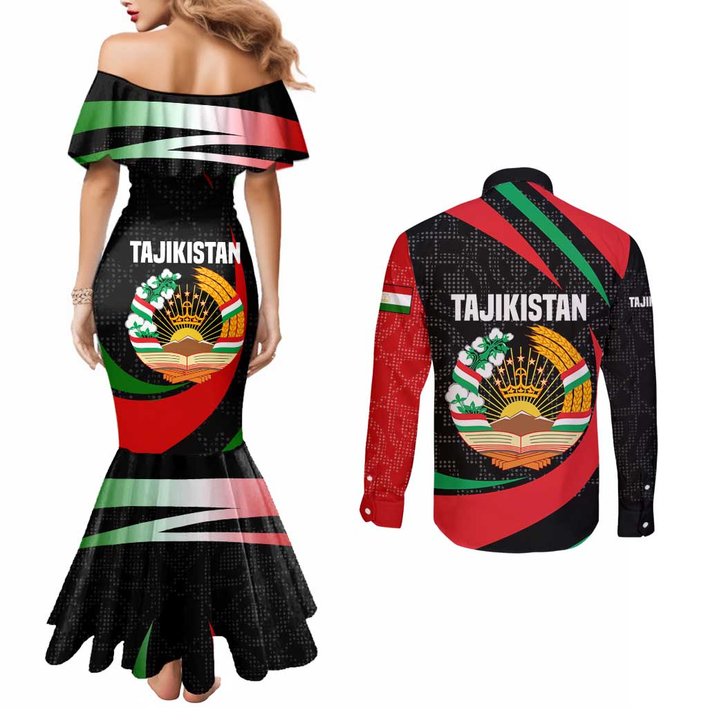 Tajikistan National Emblem Couples Matching Mermaid Dress and Long Sleeve Button Shirt with Black Red Green Tribal Pattern