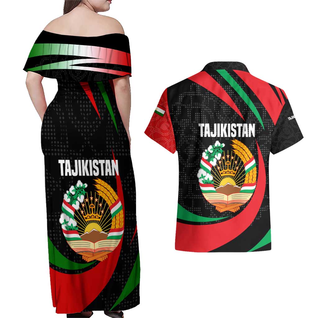 Tajikistan National Emblem Couples Matching Off Shoulder Maxi Dress and Hawaiian Shirt with Black Red Green Tribal Pattern