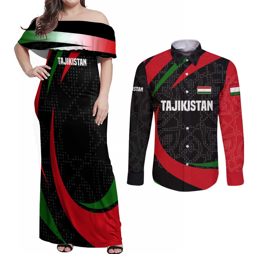 Tajikistan National Emblem Couples Matching Off Shoulder Maxi Dress and Long Sleeve Button Shirt with Black Red Green Tribal Pattern