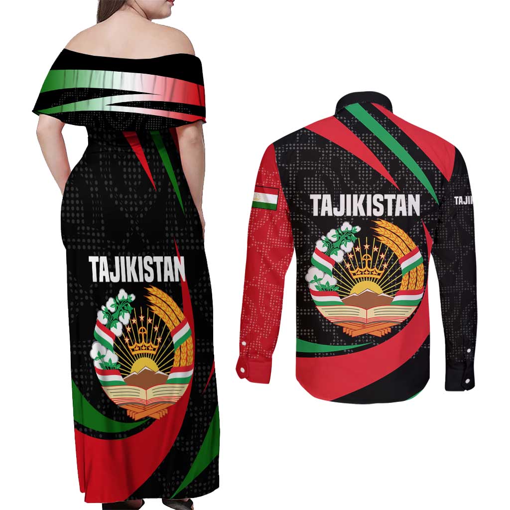 Tajikistan National Emblem Couples Matching Off Shoulder Maxi Dress and Long Sleeve Button Shirt with Black Red Green Tribal Pattern